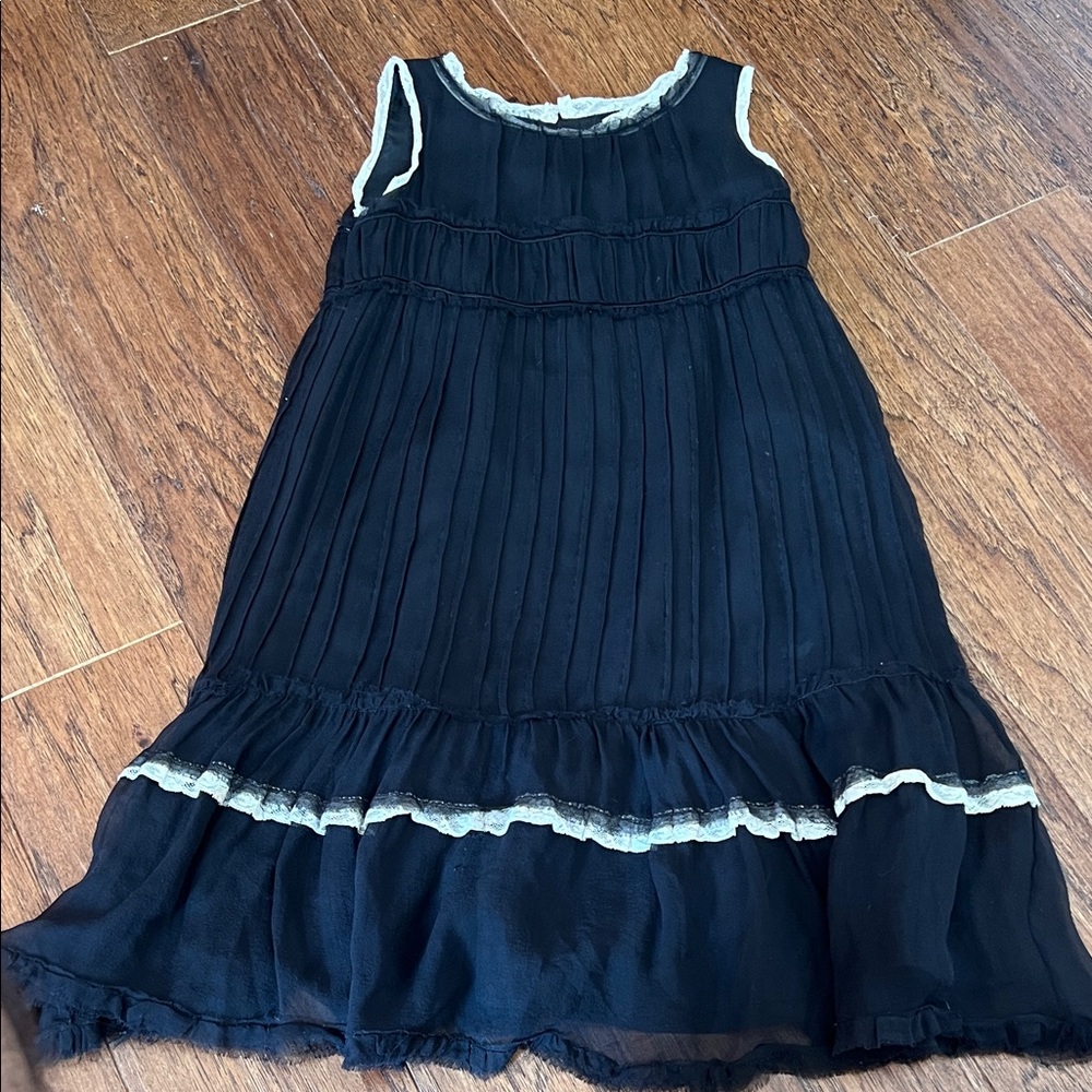 Bonpoint Girls Black Ruffle Hem Dress with Ivory Trim